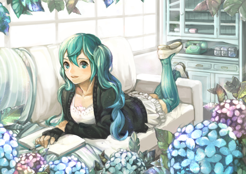 1girl, aqua_eyes, aqua_hair, bonbon_00, book, couch, hatsune_miku, long_hair