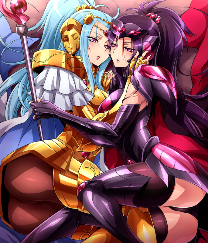 2girls, arai_nobu, armor, blue_hair, female, gemini_integra, gemini_paradox, long_hair