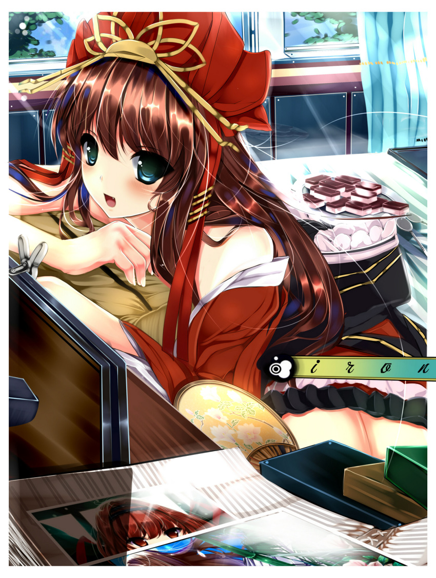 1girl, fan, hat, highres, iron_(huyiyang), looking_at_viewer, misaki_kurehito_(style), open_mouth