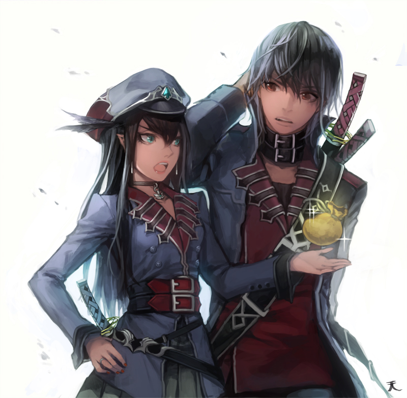 1boy, 1girl, black_hair, blue_eyes, ddongu, hat, long_hair, open_mouth, original, pointy_ears, red_eyes, short_hair, sword, weapon, white_har