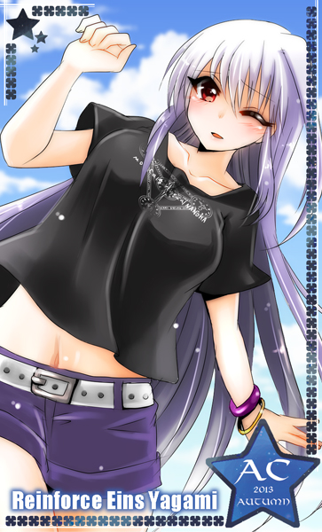 1girl, belt, blush, character_name, female, long_hair, lyrical_nanoha, mahou_shoujo_lyrical_nanoha_innocent