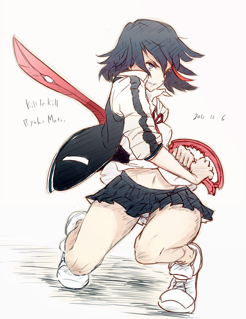 1girl, black_hair, jacket, kill_la_kill, letterman_jacket, matoi_ryuuko, matoi_ryuuko_(casual), navel