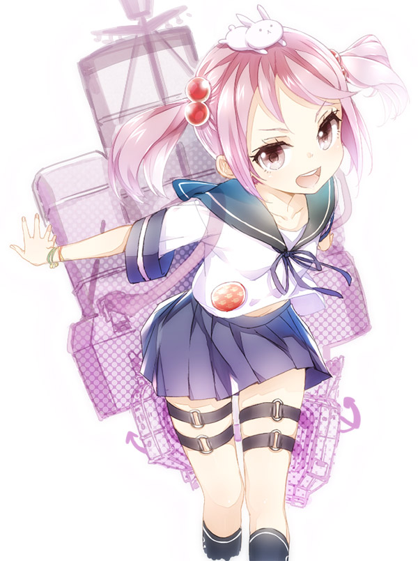 1girl, animal_on_head, black_legwear, blush, ccc, hair_bobbles, hair_ornament, kantai_collection