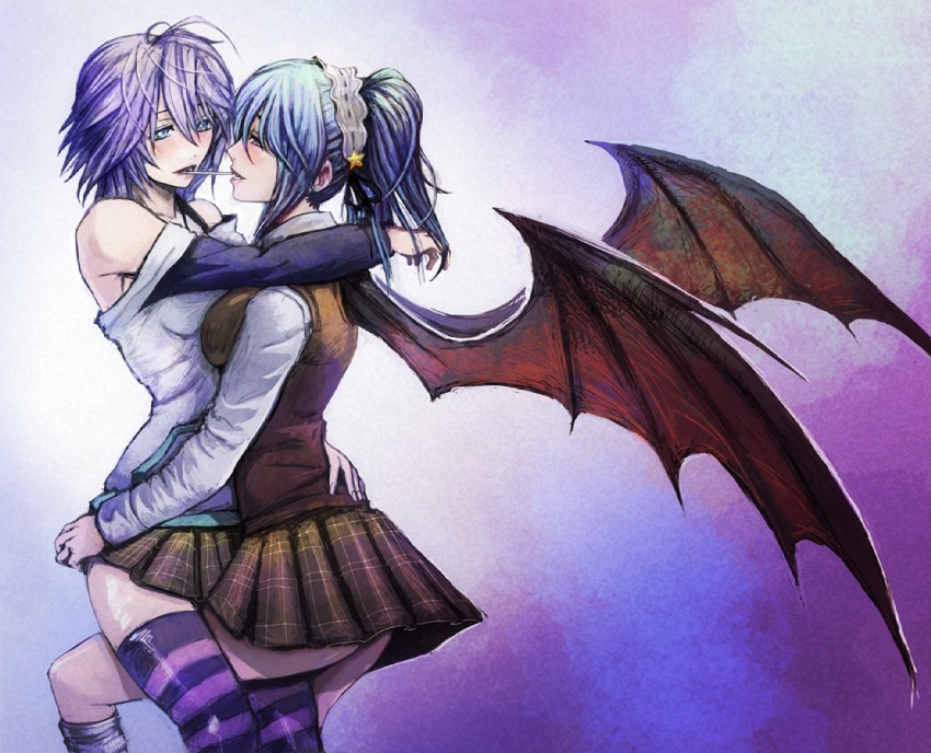 2girls, blue_eyes, blue_hair, blush, demon_girl, hug, kneehighs, kuruno_kurumu, purple_hair, rosario+vampire, shirayuki_mizore, short_hair, skirt, socks, striped, striped_thighhighs, succubus, thigh-highs, violet_eyes, yuri