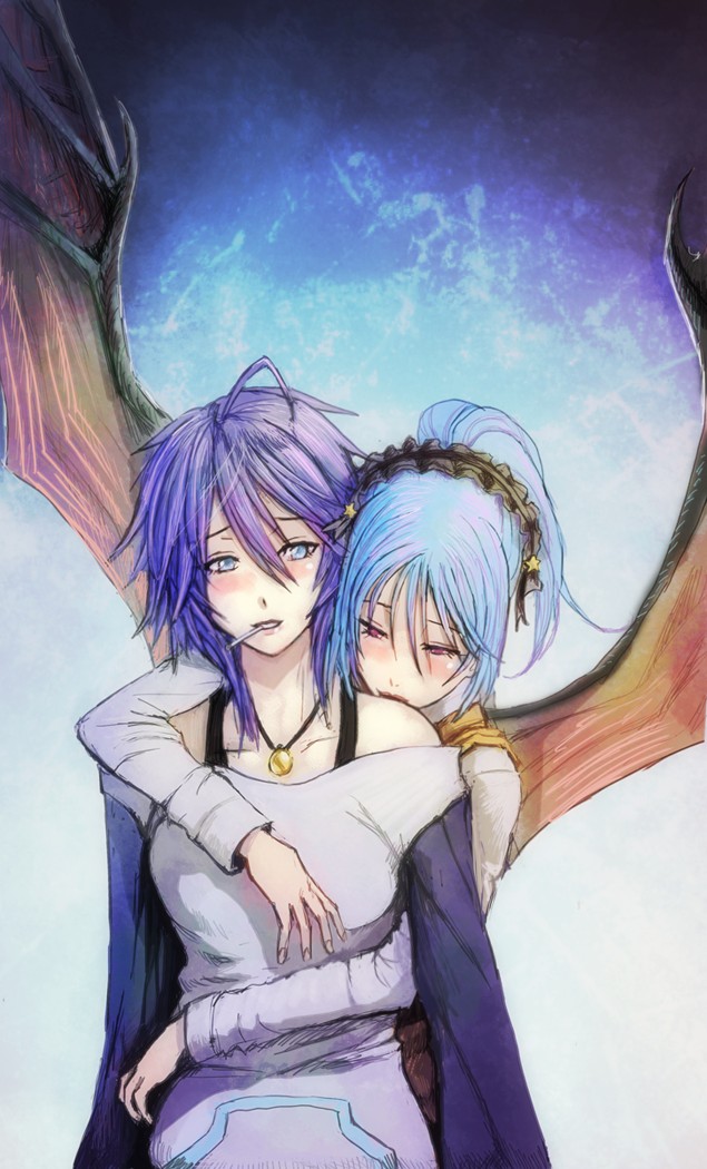 2girls, blue_eyes, blue_hair, blush, demon_girl, kuruno_kurumu, purple_hair, rosario+vampire