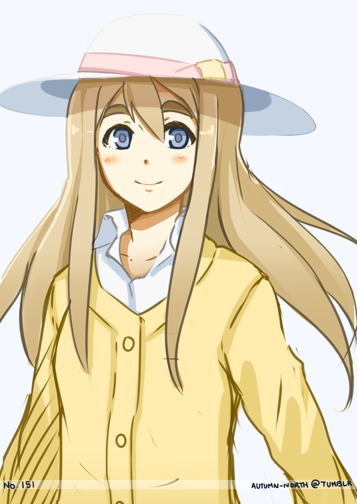 1girl, autumn-north, blue_eyes, blush_stickers, brown_hair, cardigan, eyebrows, hat