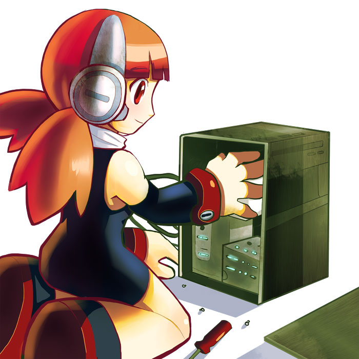 1girl, cable, call_(komaki_shinsuke), call_(mighty_no._9), computer, detached_sleeves, kneeling, mighty_no._9