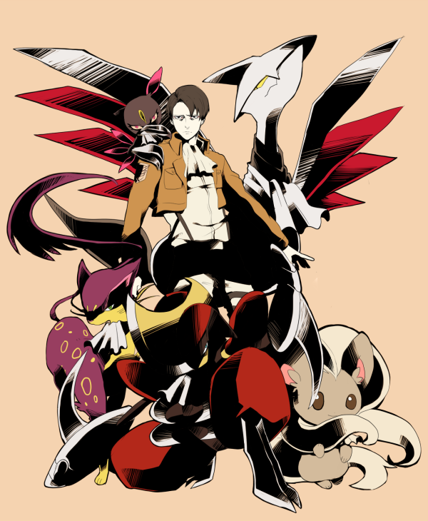 1boy, bisharp, black_hair, cinccino, crossover, gorosuke_(my_boy), jacket, levi_(shingeki_no_kyojin)