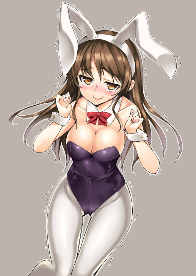 1girl, alternate_costume, animal_ears, ashigara_(kantai_collection), bare_shoulders, blush, bowtie, breasts