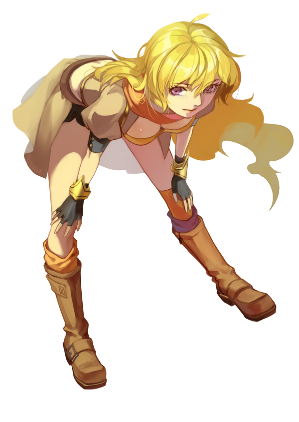 1girl, blonde_hair, boots, buming, fingerless_gloves, gloves, long_hair, rwby