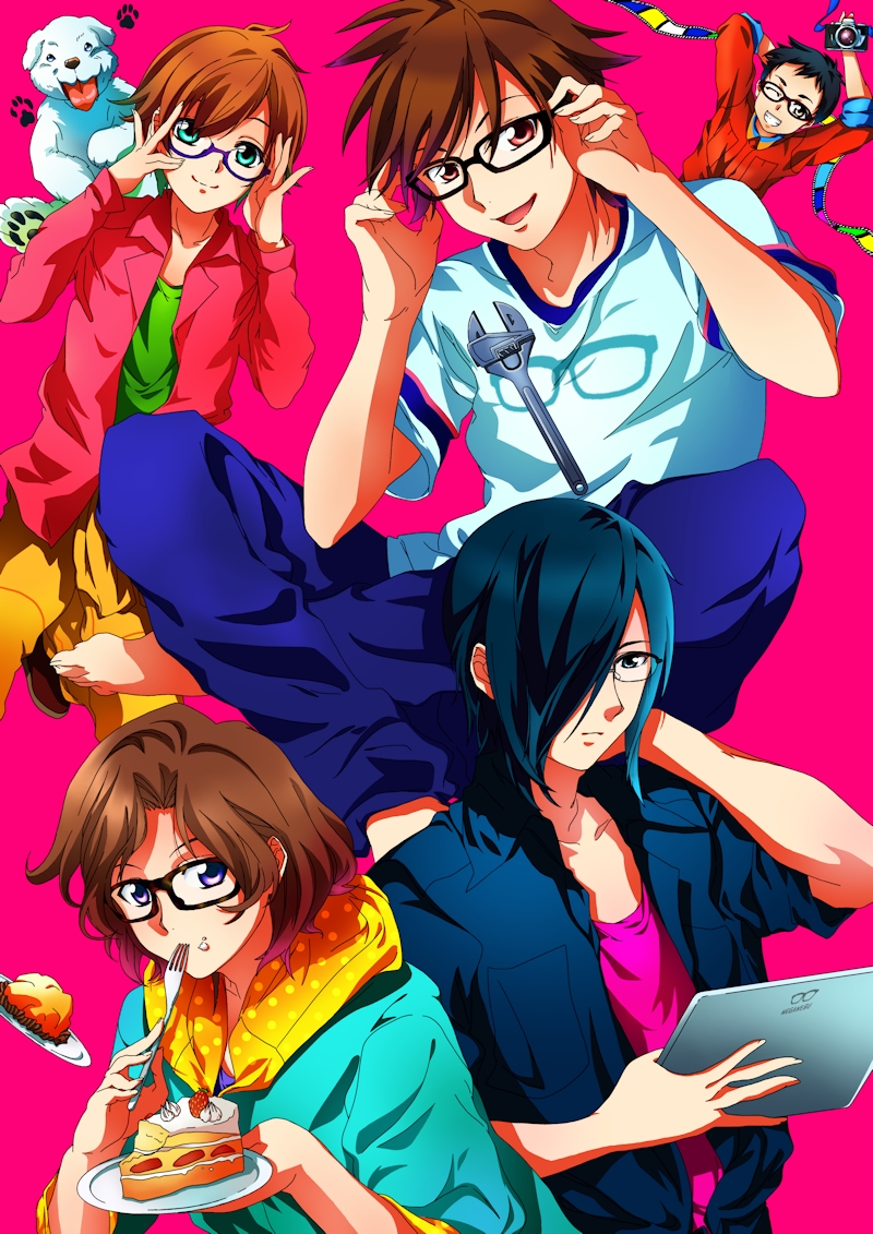 5boys, adjusting_glasses, black_(pixiv), black_hair, blue_eyes, blue_hair, brown_hair, cake