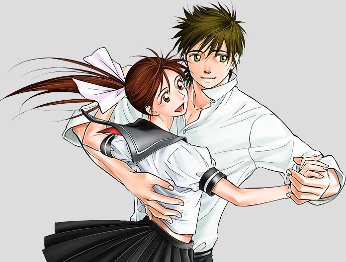 1boy, 1girl, brown_eyes, brown_hair, dancing, hair_ribbon, holding_hands, long_hair
