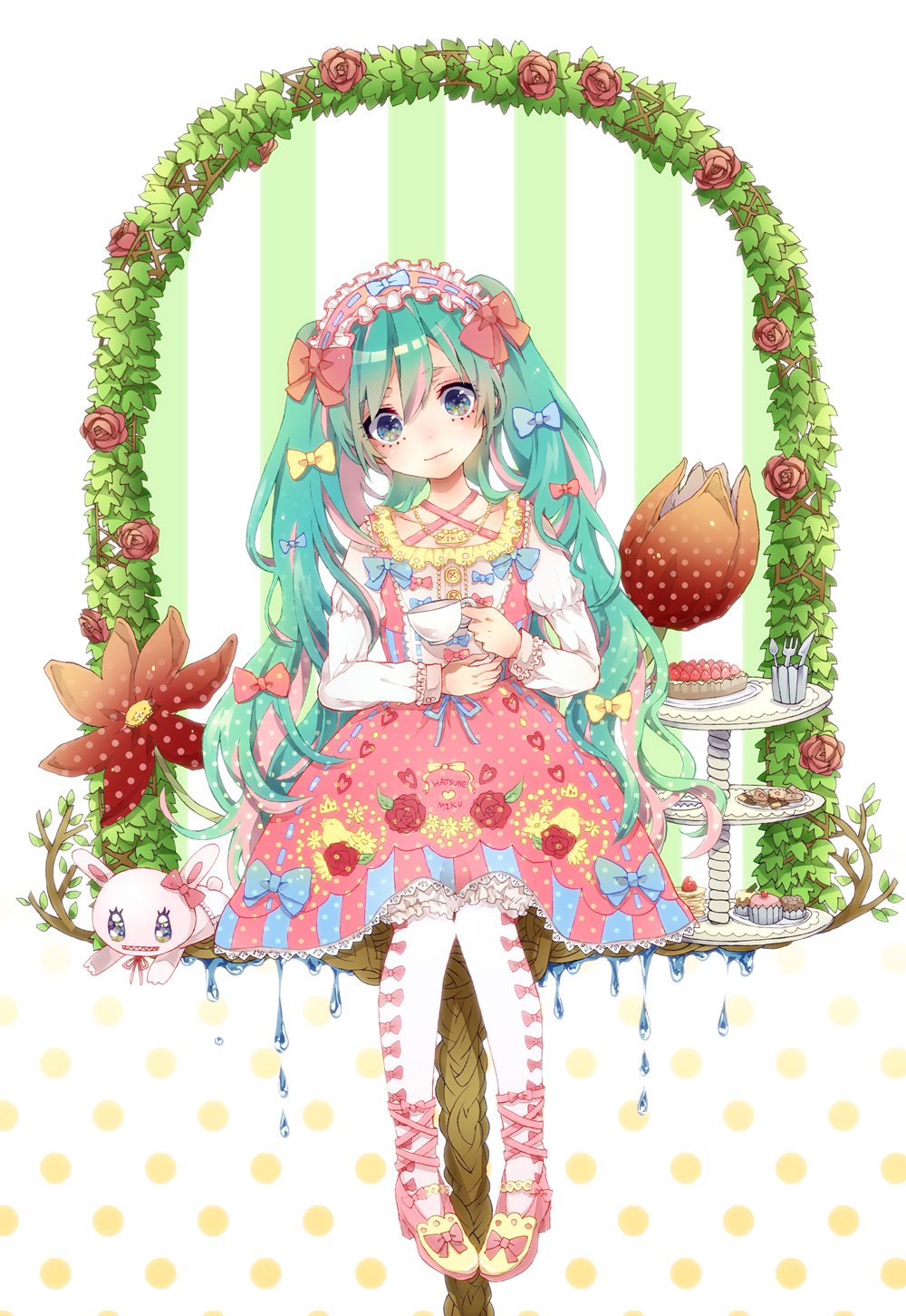 1girl, aqua_hair, blue_eyes, bow, character_name, cup, cupcake, dress