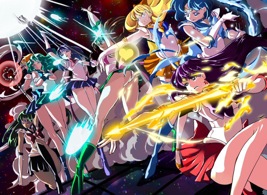 6+girls, aino_minako, armpits, arms_up, bishoujo_senshi_sailor_moon, black_hair, blonde_hair, blue_eyes