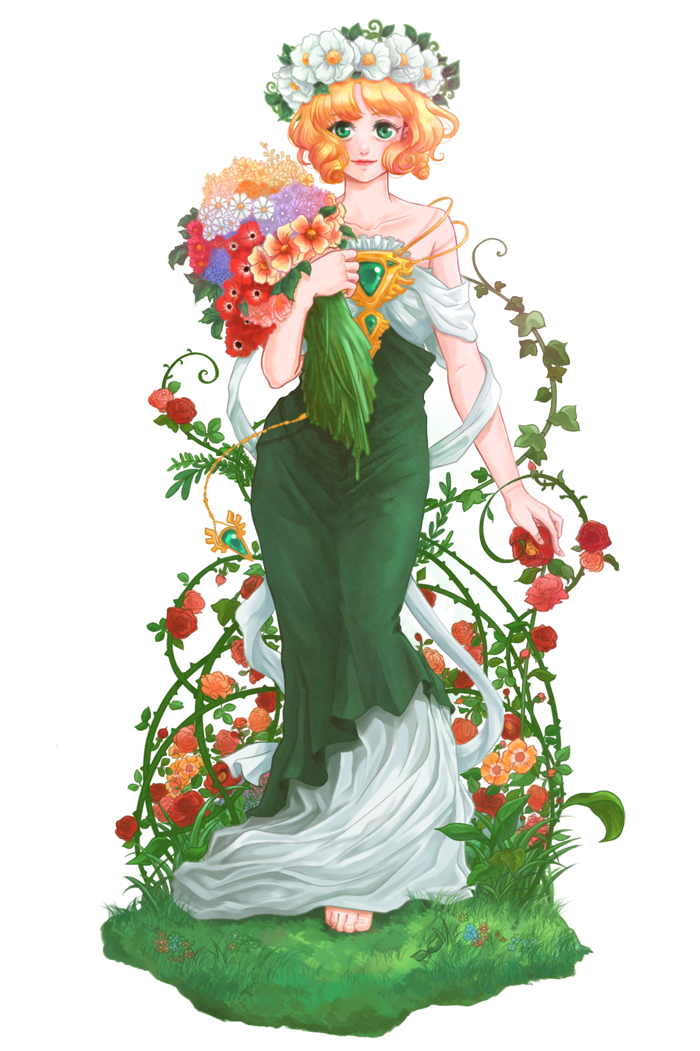 1girl, barefoot, bouquet, brooch, curly_hair, dress, flower, flower_wreath, full_body, grass, green_eyes, hair_flower, hair_ornament, head_wreath, hououji_fuu, ispan, jewelry, leaf, magic_knight_rayearth, orange_hair, shawl, short_hair, smile, solo, vines, wreath