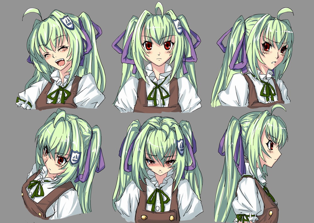 expressions, green_dam, green_hair, hair_ribbon, os, personification, red_eyes, ribbon