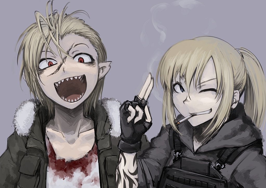 2girls, blonde_hair, blood, blood_stain, blue_eyes, cigarette, constricted_pupils, fingerless_gloves, fur_trim, gloves, hetza_(hellshock), hoodie, kevlar_vest, multiple_girls, open_mouth, pointy_ears, ponytail, red_eyes, salute, scar, sharp_teeth, simple_background, smoke, suzumi_(hetza), tattoo, wink