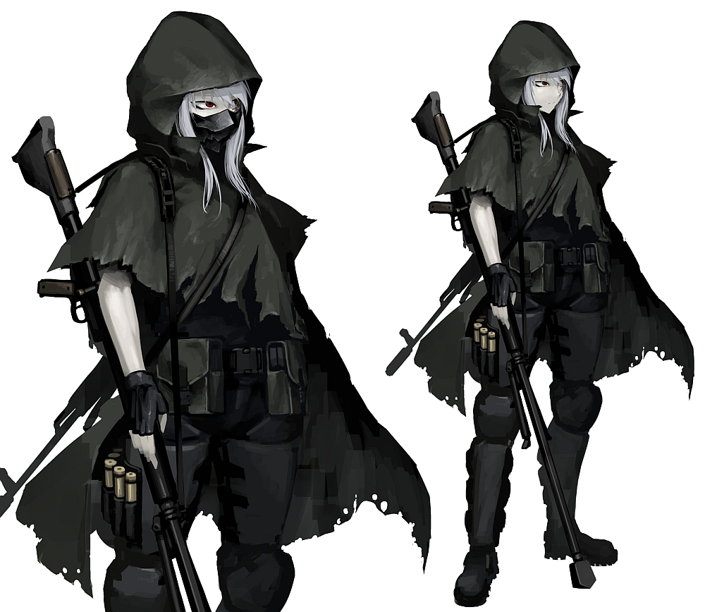 1girl, anti-materiel_rifle, armor, assault_rifle, bipod, boots, bullet, cloak, fingerless_gloves, gloves, gun, hetza_(hellshock), long_hair, mask, pouch, red_eyes, rifle, silhouette, silver_hair, simple_background, sniper_rifle, solo, weapon, white_background