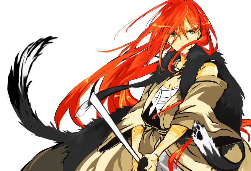 1girl, fur, highres, long_hair, masyumarokuru, redhead, sarashi, shut_hell, shut_hell_(character), solo, weapon