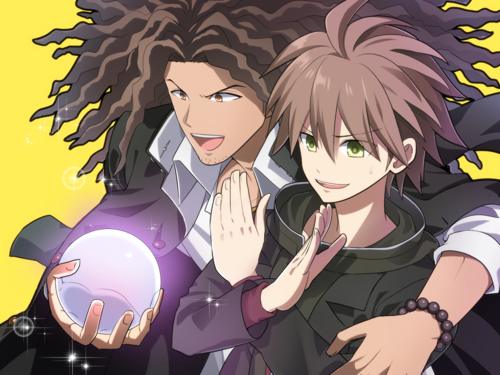 2boys, ahoge, bracelet, brown_eyes, brown_hair, crystal_ball, dangan_ronpa, dreadlocks
