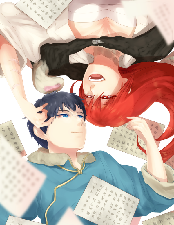 blue_eyes, fur, long_hair, red_eyes, redhead, sarashi, scar, shinope