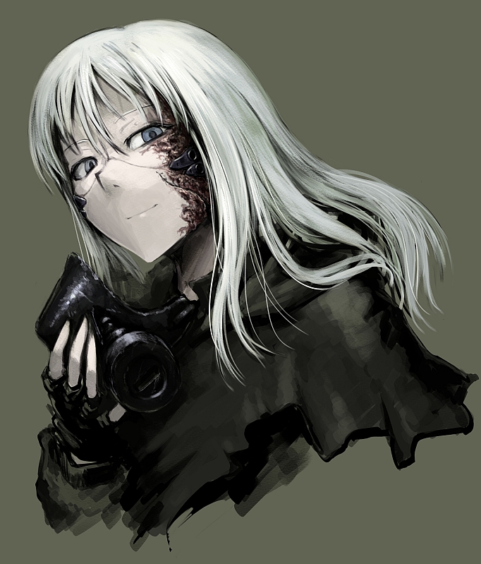 1girl, blue_eyes, cloak, fingerless_gloves, gloves, green_background, hetza_(hellshock), longe_hair, looking_at_viewer, respirator, scar, simple_background, smile, solo, white_hair
