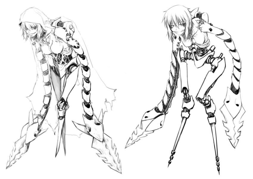 1girl, android, burn, cloak, dagger, hetza_(hellshock), hood, intestines, maching, monochrome, monster_girl, robot, scar, short_hair, simple_background, sketch, solo, spine, weapon, white_background