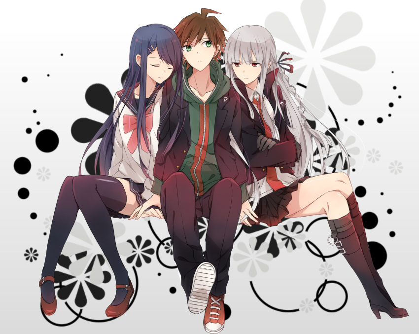 1boy, 2girls, ahoge, blue_hair, braid, brown_hair, closed_eyes, crossed_arms