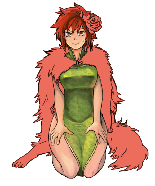 alternate_costume, breasts, china_dress, chinese_clothes, flower, flower_on_head, fur, naoayatugu