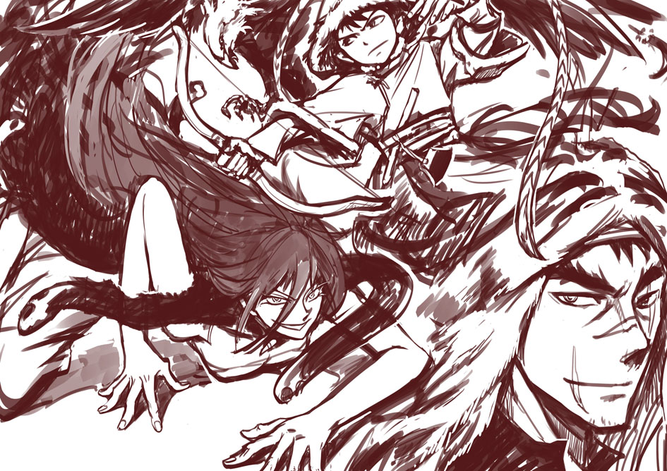 bird, bow, fur, genki_yq, harabal, hawk, long_hair, monochrome