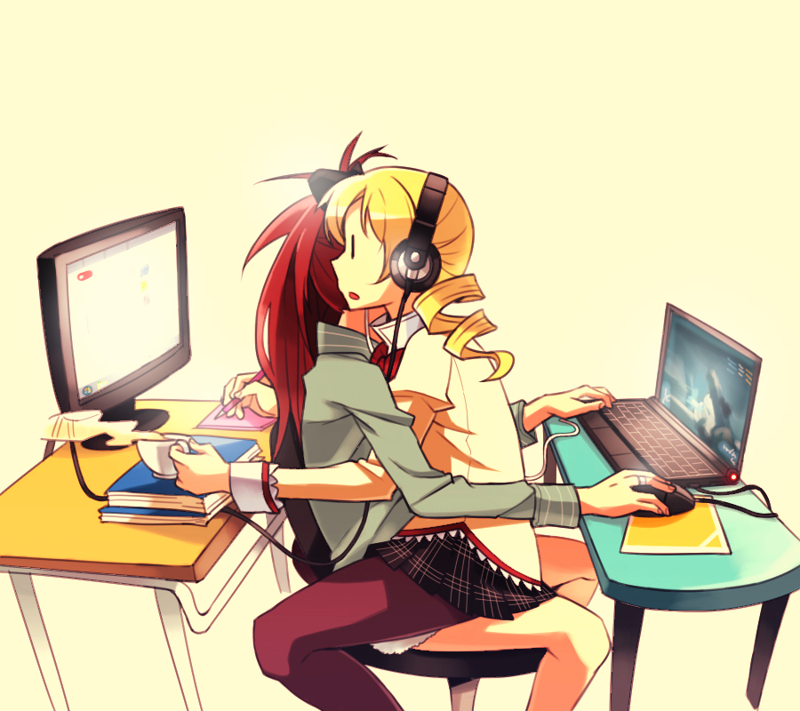 2girls, blonde_hair, computer, drill_hair, headphones, hobbang, long_hair, mahou_shoujo_madoka_magica, multiple_girls, pantyhose, playing_games, redhead, sakura_kyouko, sitting, sitting_on_lap, sitting_on_person, skirt, tomoe_mami, twin_drills