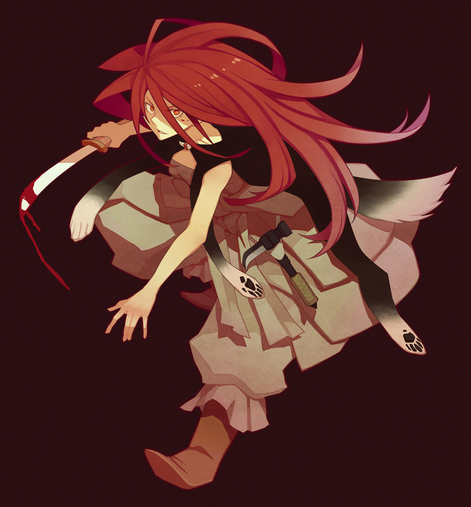 1girl, blood, fur, long_hair, redhead, sarashi, shut_hell, shut_hell_(character)