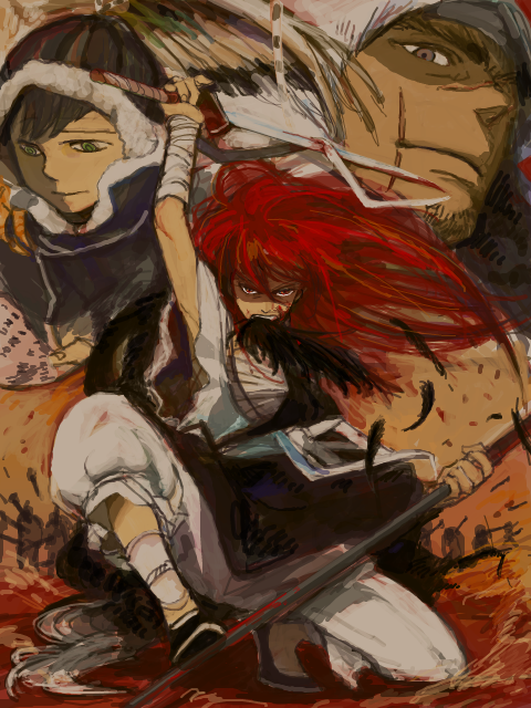 blood, harabal, long_hair, makiv, redhead, sarashi, scar, shut_hell