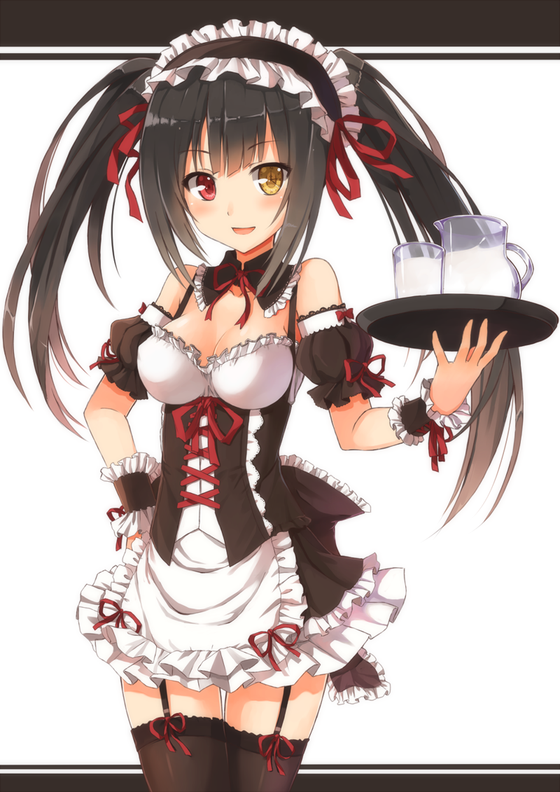 1girl, alternate_costume, black_hair, black_legwear, breasts, cleavage, clock_eyed, date_a_live