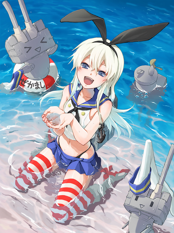 >_<, 1girl, 47lgm, anchor, blonde_hair, blue_eyes, hair_ornament, hair_ribbon, innertube, kantai_collection, long_hair, looking_at_viewer, machinery, midriff, navel, ocean, panties, partially_submerged, personification, propeller, rensouhou-chan, ribbon, shimakaze_(kantai_collection), sitting, striped, striped_legwear, thighhighs, turret, underwear, wariza, water
