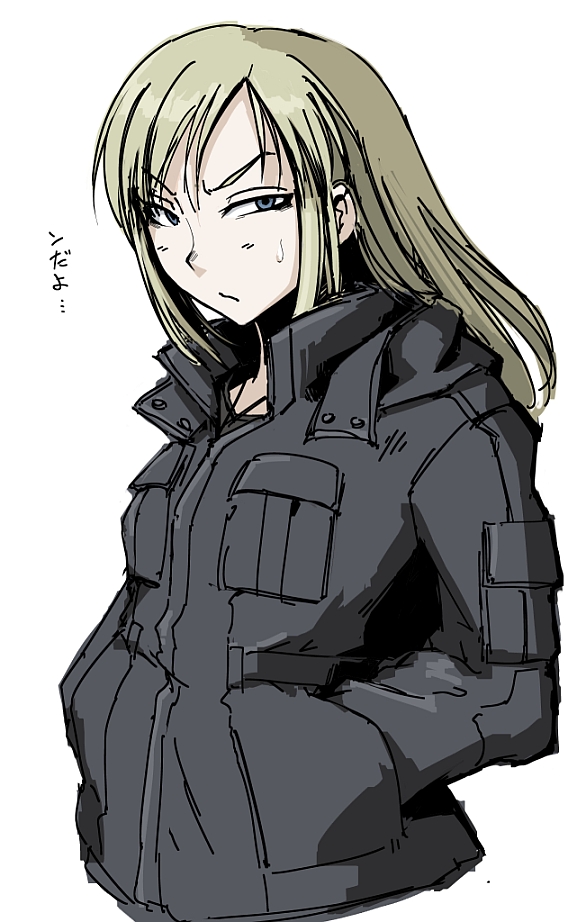 1girl, alternate_hairstyle, blonde_hair, blue_eyes, hands_in_pocket, hetza_(hellshock), jacket, simple_background