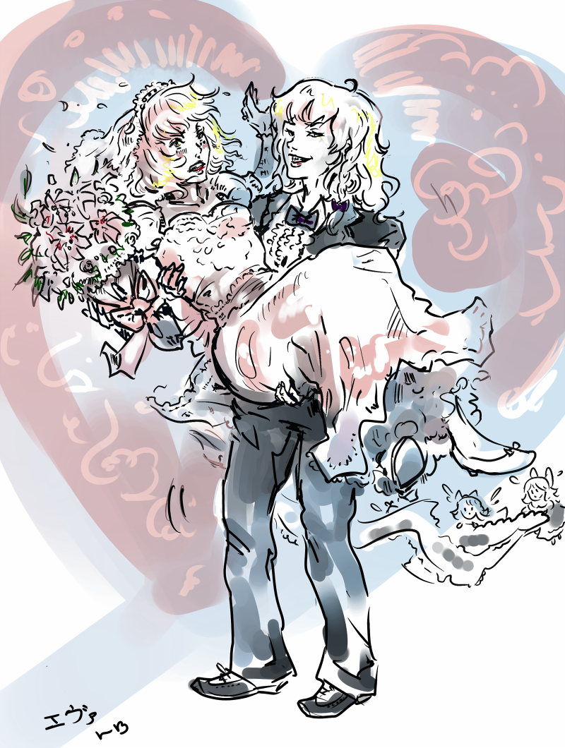 2girls, alice_margatroid, blonde_hair, bouquet, bowtie, braid, carrying, dress