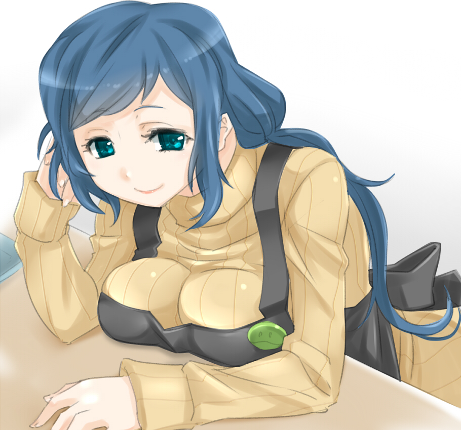 1girl, apron, badge, blue_eyes, blue_hair, breast_rest, breasts, button_badge