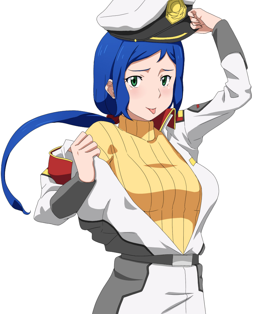 1girl, :p, blue_hair, green_eyes, gundam, gundam_build_fighters, gundam_seed, hat
