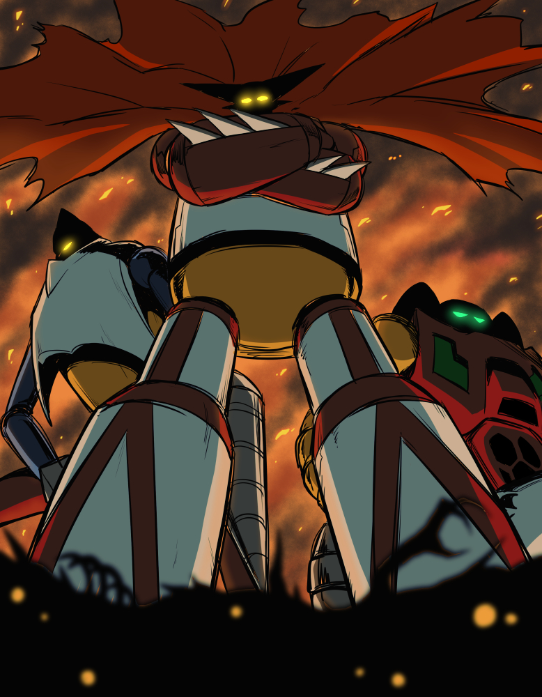 bone, cape, crossed_arms, drill, embers, getter-1, getter-2, getter-3, getter_robo, glowing, glowing_eyes, looking_down, no_humans, shouji_2, smoke, torn_cape
