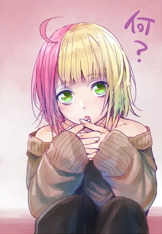 1boy, ahoge, bare_shoulders, blonde_hair, erubo, green_eyes, looking_at_viewer, multicolored_eyes