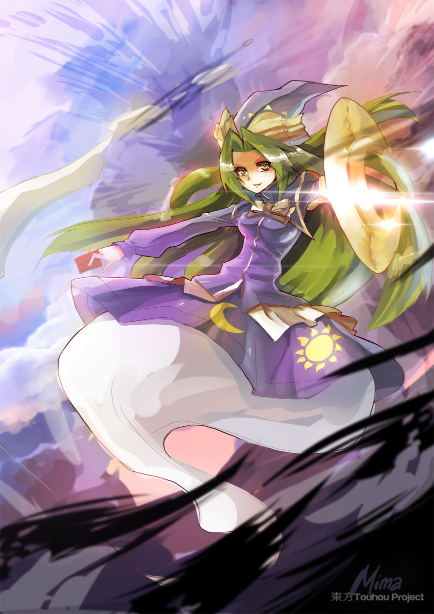 1girl, card, character_name, clear_echoes, ghost_tail, green_hair, hat, highres