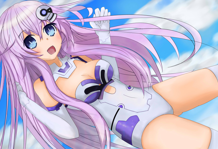 1girl, blue_eyes, breasts, choujigen_game_neptune, elbow_gloves, gloves, hair_ornament, highres, long_hair, mahalaido, open_mouth, purple_hair, purple_sister, smile, solo, symbol-shaped_pupils, thighhighs