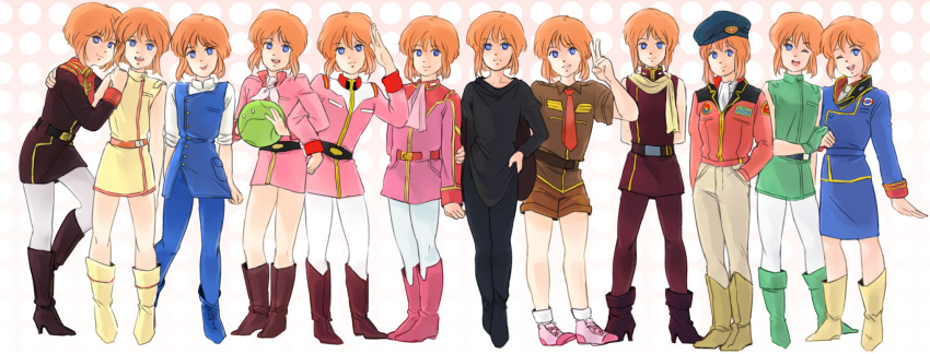 6+girls, :p, arm_around_waist, arm_holding, arms_behind_back, belt, beret, blue_eyes, boots, carrying, clone, d-yul, elpeo_puru, emma_sheen_(cosplay), fa_yuiry_(cosplay), frau_bow_(cosplay), full_body, gloves, gradient, gradient_background, gundam, gundam_zz, haman_karn_(cosplay), hand_in_pocket, hand_on_another's_shoulder, hand_on_hip, haro, hat, high_heel_boots, highres, holding_arm, holding_hands, jacket, leg_up, long_sleeves, looking_at_viewer, multiple_girls, open_mouth, orange_hair, pants, pantyhose, payot, pink_background, polka_dot, polka_dot_background, puru_eight, puru_eleven, puru_five, puru_four, puru_nine, puru_seven, puru_six, puru_ten, puru_three, puru_two, salute, salya_mass_(cosplay), scarf, shoes, short_hair, short_sleeves, siblings, sisters, skirt, sleeveless, smile, standing, tongue, uniform, v, white_background, wink