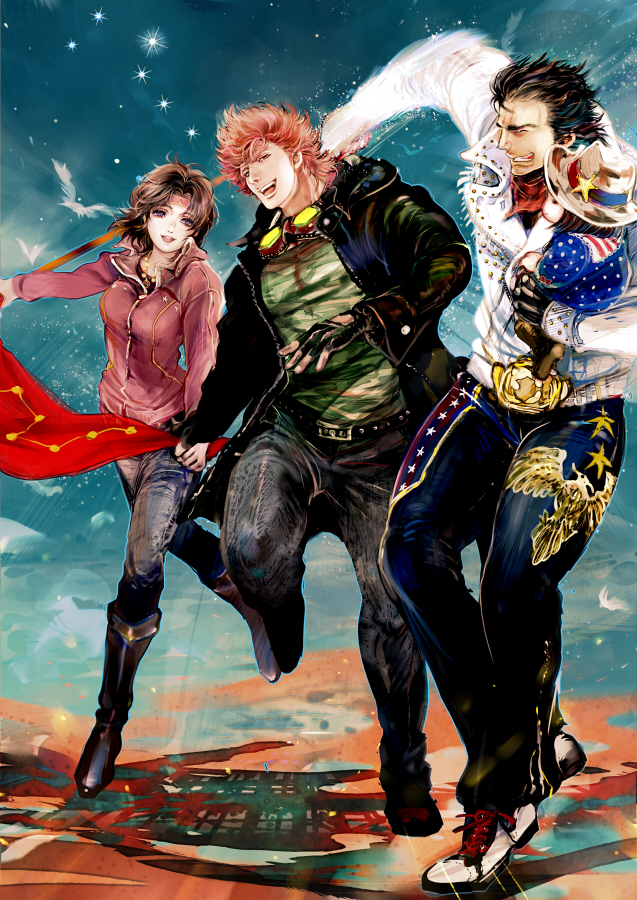 2boys, 2girls, asuka_(hokuto_no_ken), bat_(hokuto_no_ken), black_hair, brown_hair, carrying, child