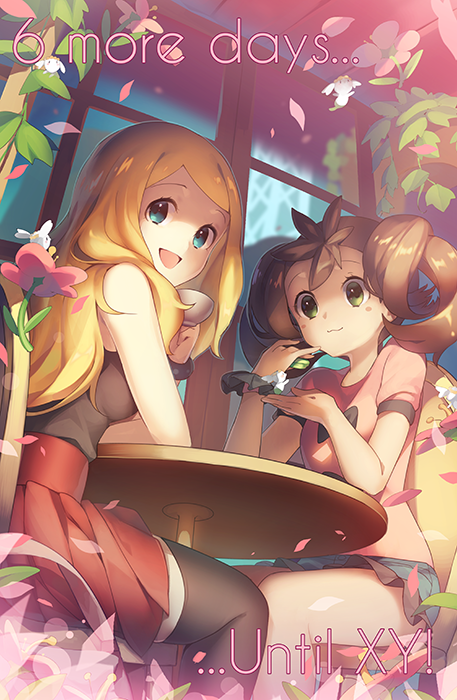 2girls, black_legwear, blonde_hair, blue_eyes, brown_hair, cup, flabebe, green_eyes, long_hair, multiple_girls, no_hat, petals, pleated_skirt, pokemon, pokemon_(game), pokemon_xy, quad_tails, ribbon, sana_(pokemon), serena_(pokemon), short_shorts, shorts, sitting, skirt, smile, table, teacup, thigh-highs, weee_(raemz), yuri