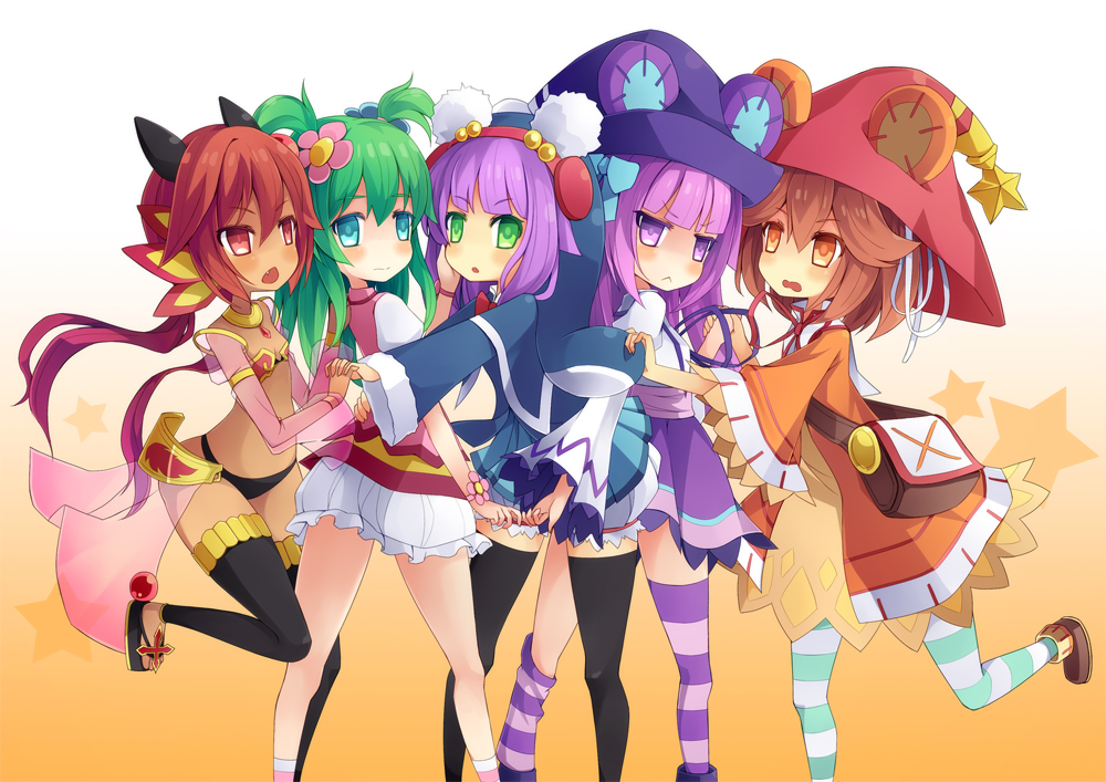 5girls, :<, aqua_eyes, arashiya, black_legwear, brown_eyes, brown_hair, dumpty_alma, emil_chronicle_online, fang, green_eyes, green_hair, hat, hood, interlocked_fingers, long_hair, low_twintails, multiple_girls, navel, open_mouth, pepen_alma, purple_hair, puzzle_&amp;_dragons, red_eyes, redhead, salamander_alma, shabo_alma, short_hair, star, striped, striped_legwear, thighhighs, tiny_alma, twintails, two_side_up, violet_eyes, wide_sleeves