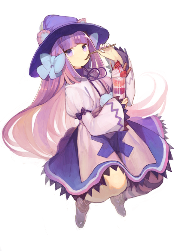1girl, bangs, blunt_bangs, cup, dress, dumpty_alma, emil_chronicle_online, food, fruit, hair_ribbon, hat, looking_at_viewer, misoni_comi, parfait, purple_hair, puzzle_&amp;_dragons, ribbon, solo, spoon, strawberry, violet_eyes, witch_hat
