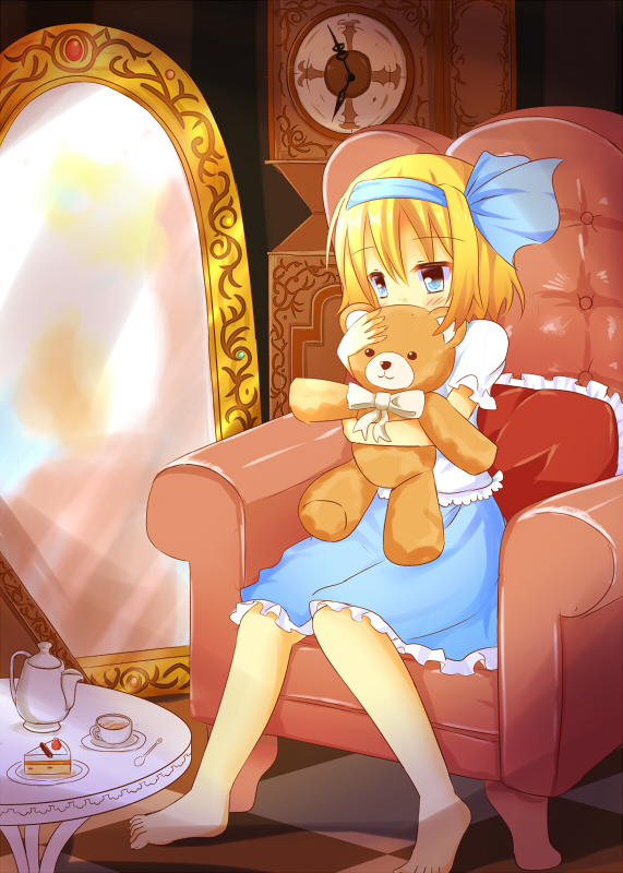 1girl, alice_margatroid, alice_margatroid_(pc-98), barefoot, blonde_hair, blue_eyes, blush, cake