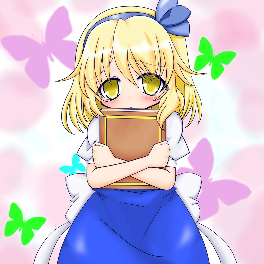 1girl, alice_margatroid, alice_margatroid_(pc-98), blonde_hair, blush, book, bow, butterfly, hair_bow, hair_ribbon, hairband, o_omune_(kagu8), puffy_short_sleeves, puffy_sleeves, ribbon, short_hair, short_sleeves, skirt, solo, tears, touhou, touhou_(pc-98), yellow_eyes
